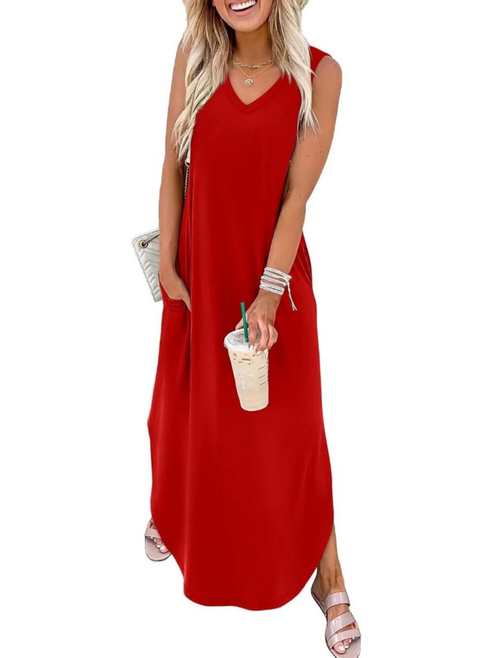 Women's Red Summer Maxi Dress Beach Sundress Vacation with Pocket